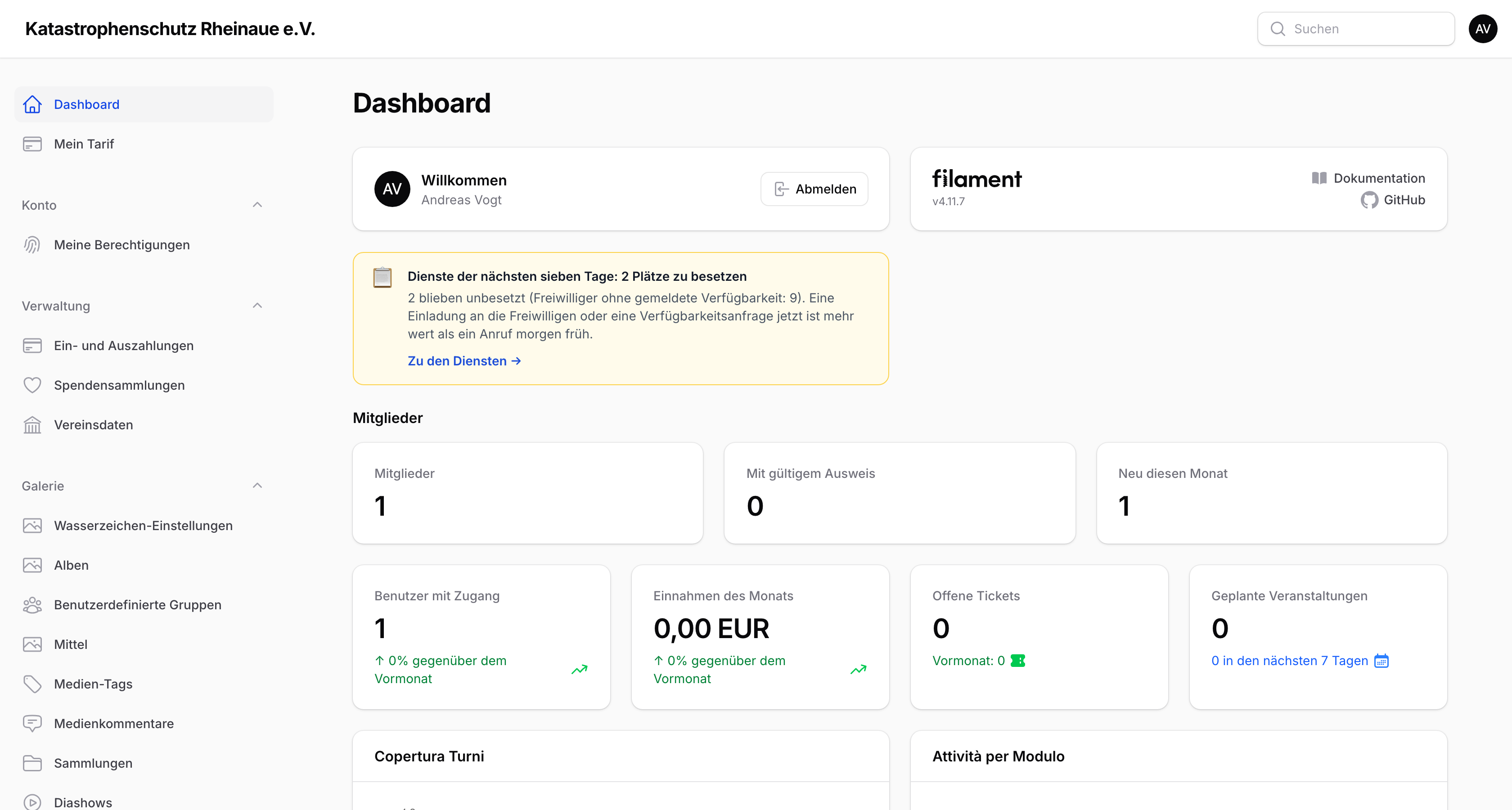 Die Übersicht mit dem Hinweis zur Dienstabdeckung